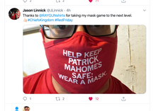 Load image into Gallery viewer, Ear Loop Fabric Face Mask: Keep Patrick Mahomes Safe - Red
